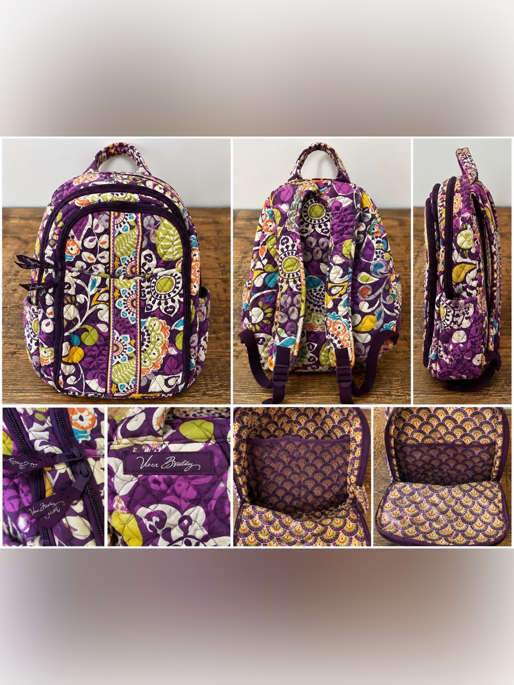 Vera Bradley Purple Floral Quilted Backpack Multicolor Organizer Bag